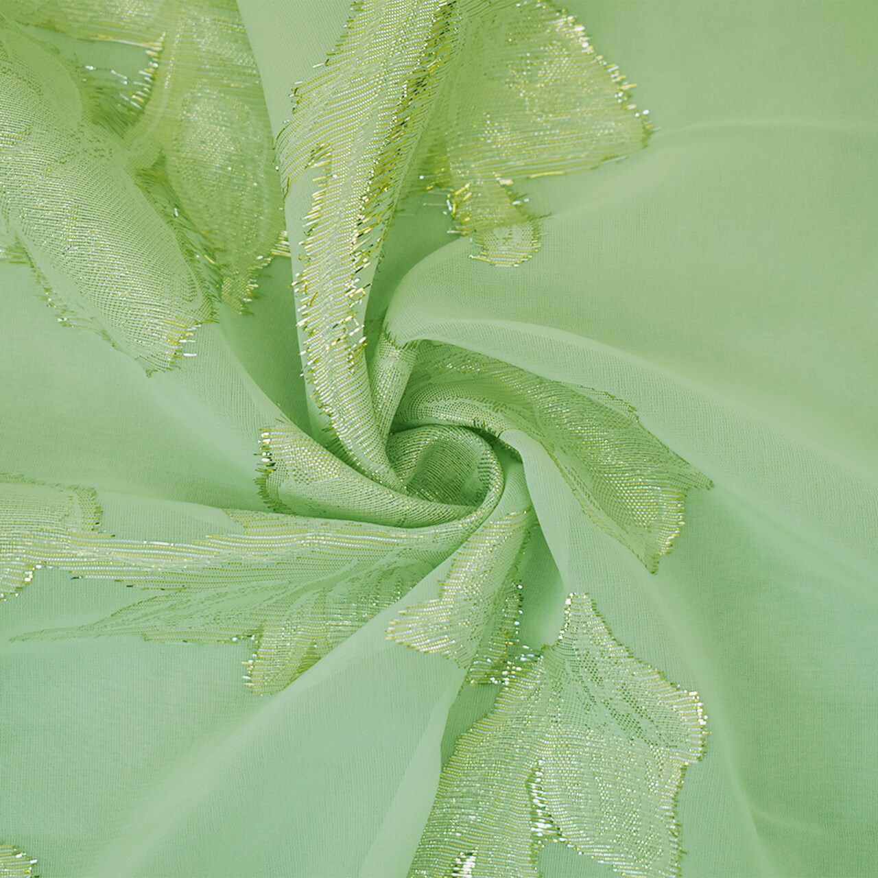 Light Green-Gold-Silver Nylon Metallic Floral Organza Woven Fabric By the Yard